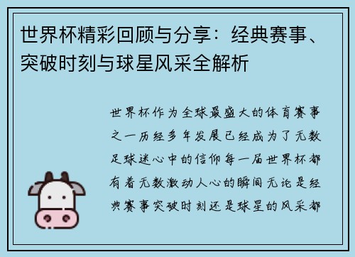 世界杯精彩回顾与分享：经典赛事、突破时刻与球星风采全解析
